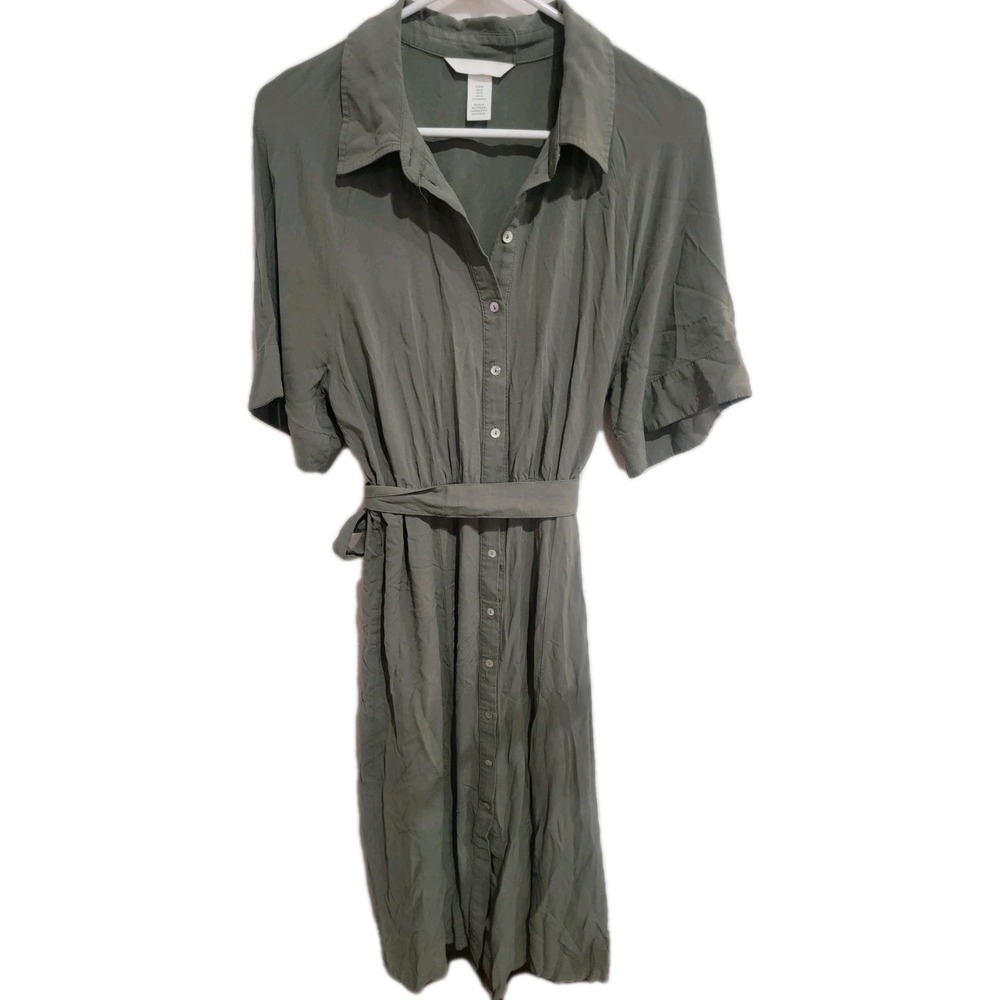 H&M Shirt Dress‎ Medium Olive Green 100% Viscose Button Up Midi Safari Tie Waist